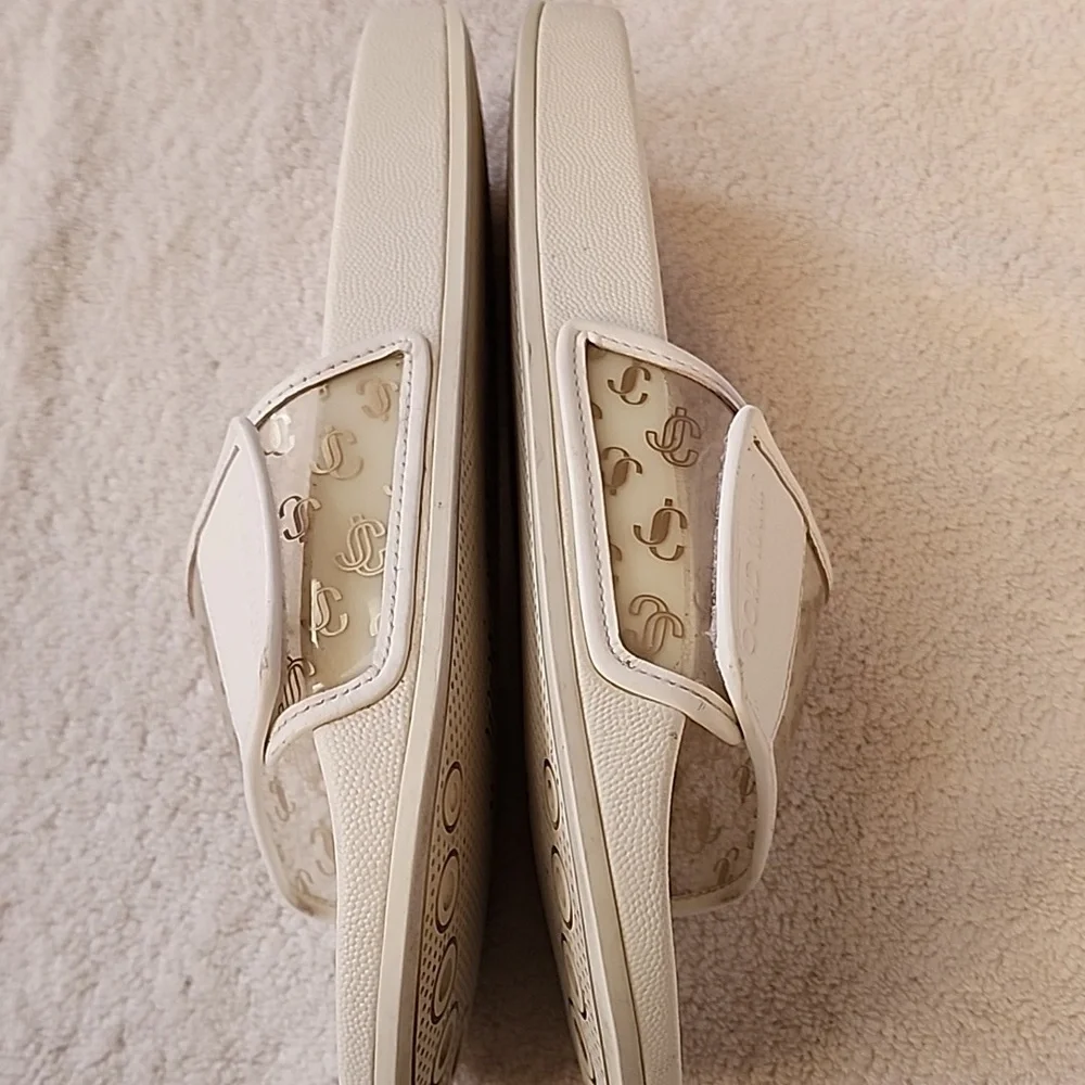 Jimmy Choo Womens White Slide Sandals With Clear Gold JCs Size 9 Preowned - Picture 7 of 12